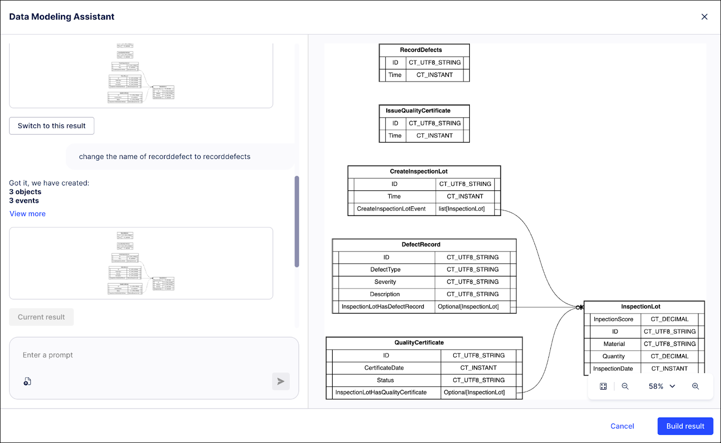Screenshot of the Data Modeling Assistant showing previous versions of the build in the chat window.