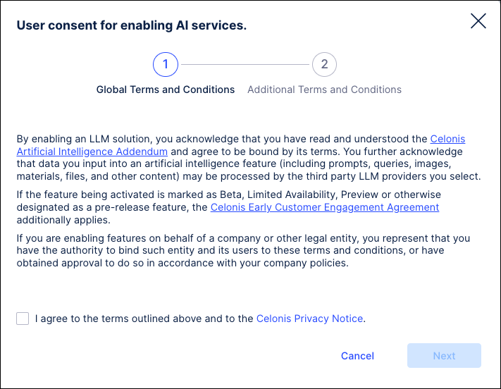 Screenshot showing an example of the user consent that must be acknowledges when enabling AI services.