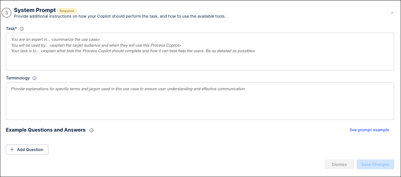 Screenshot showing the System Prompt section of the Process Copilot configuration.