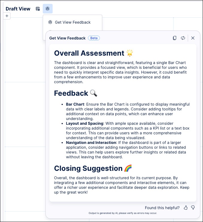 An example screenshot of the View design check, an AI tool provided with Studio.