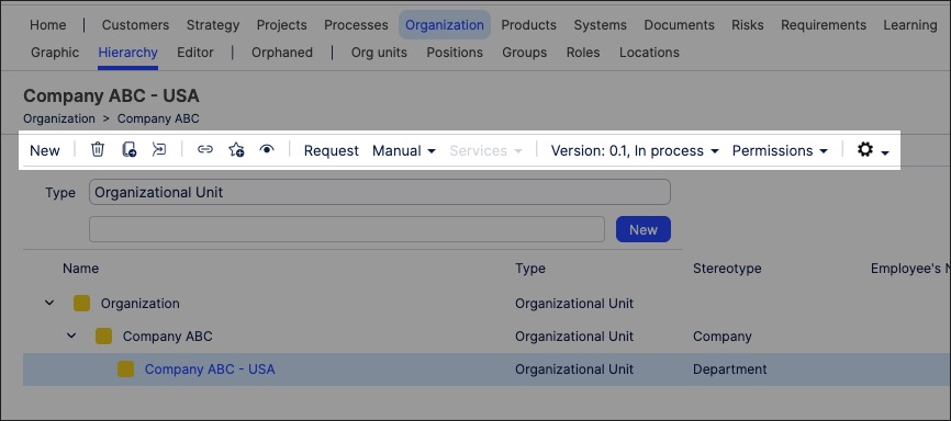 A screenshot showing how to create organizational objects in Process Designer.