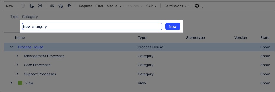 A screenshot showing how to create categories in Process Designer.