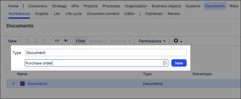 A screenshot showing how to create document objects in Process Designer.