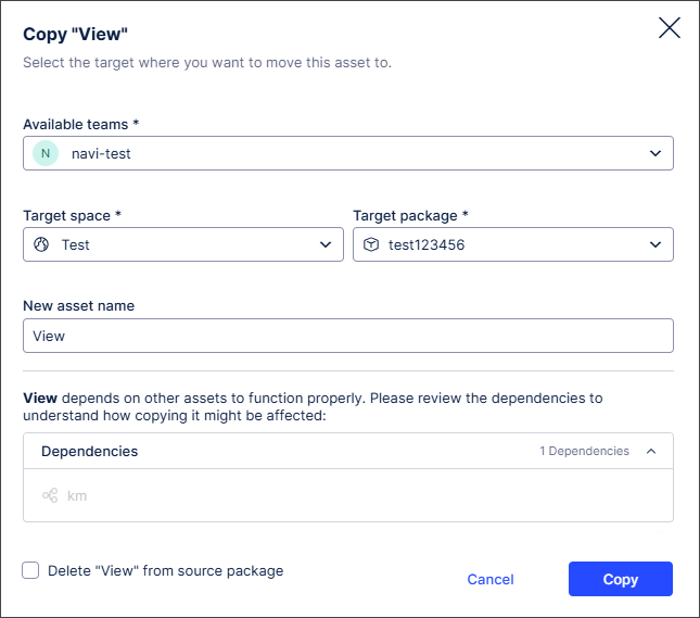 Screenshot showing the copy to modal that appears when copying assets..