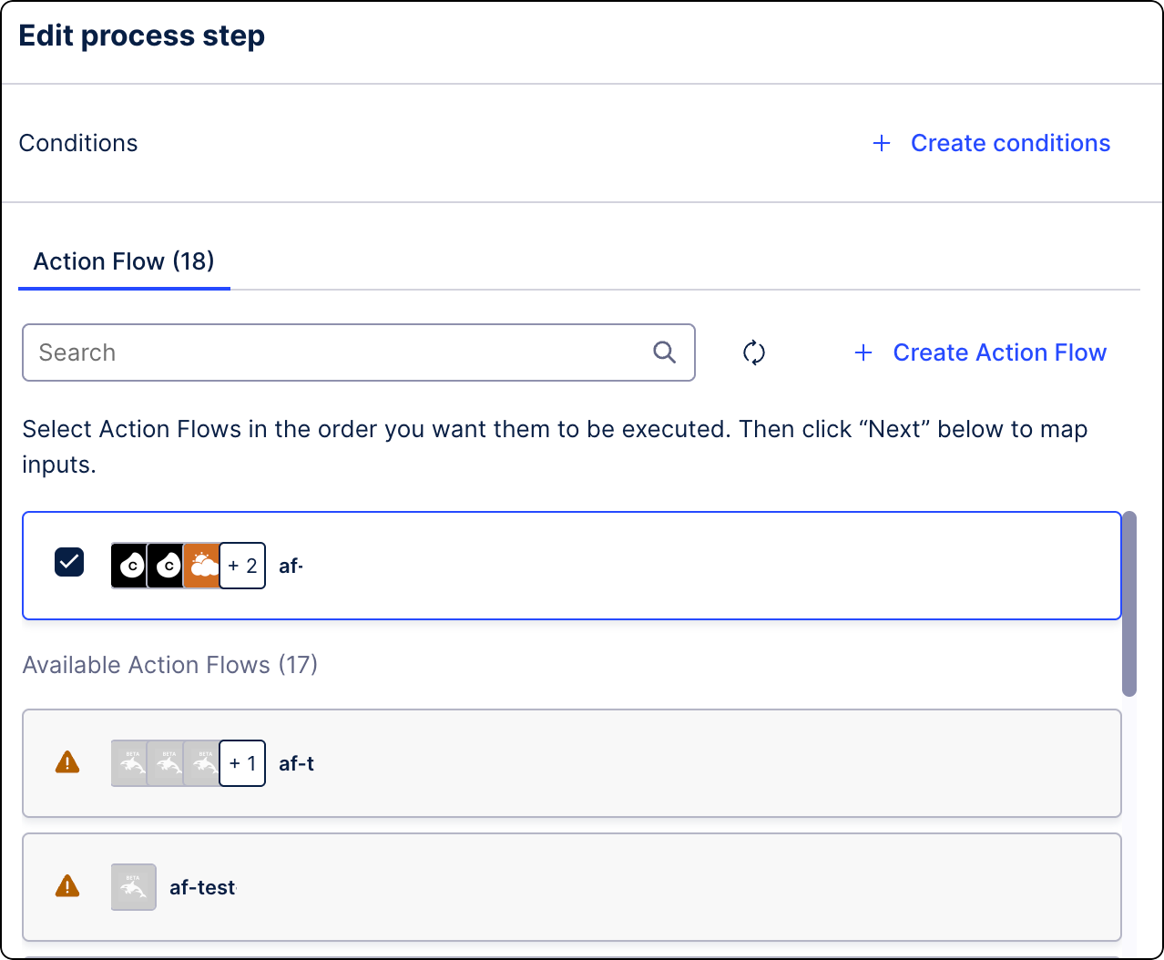 Edit Process Orchestration step screen with the Action Flow tab selected.