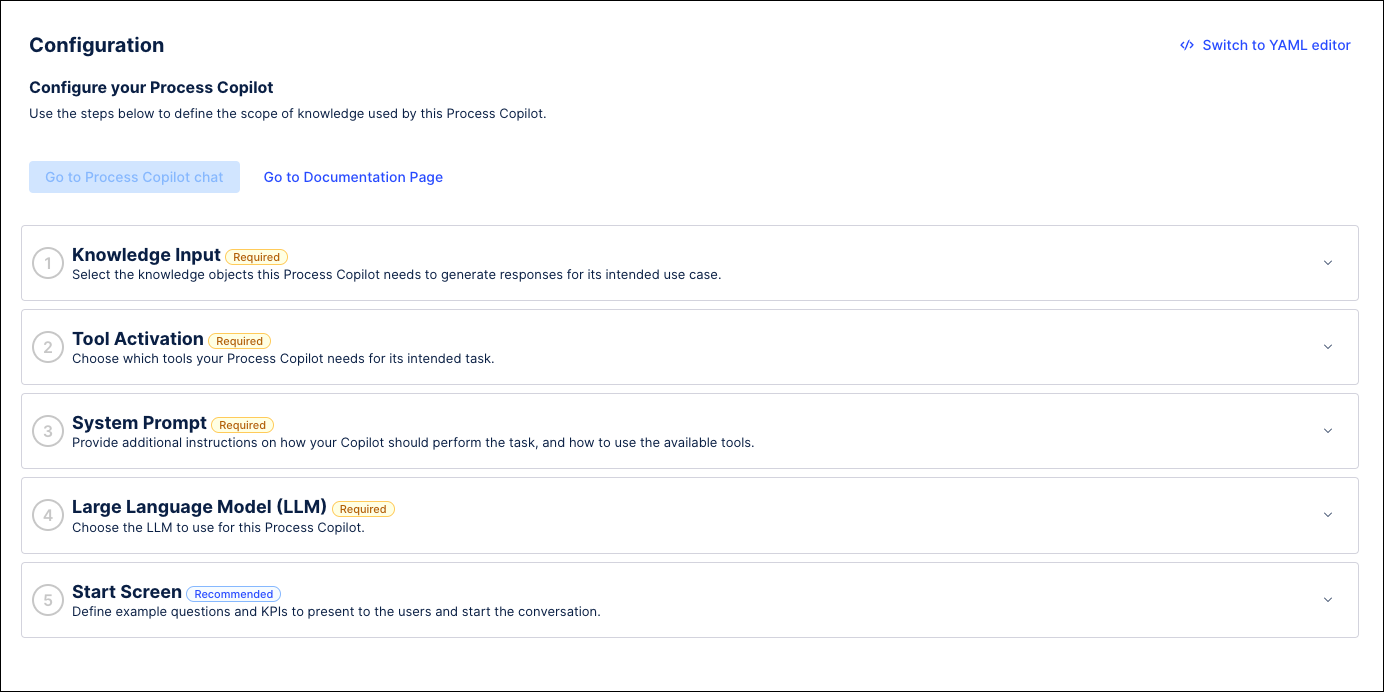 Screenshot showing the Configuration screen used to set up a Process Copilot.