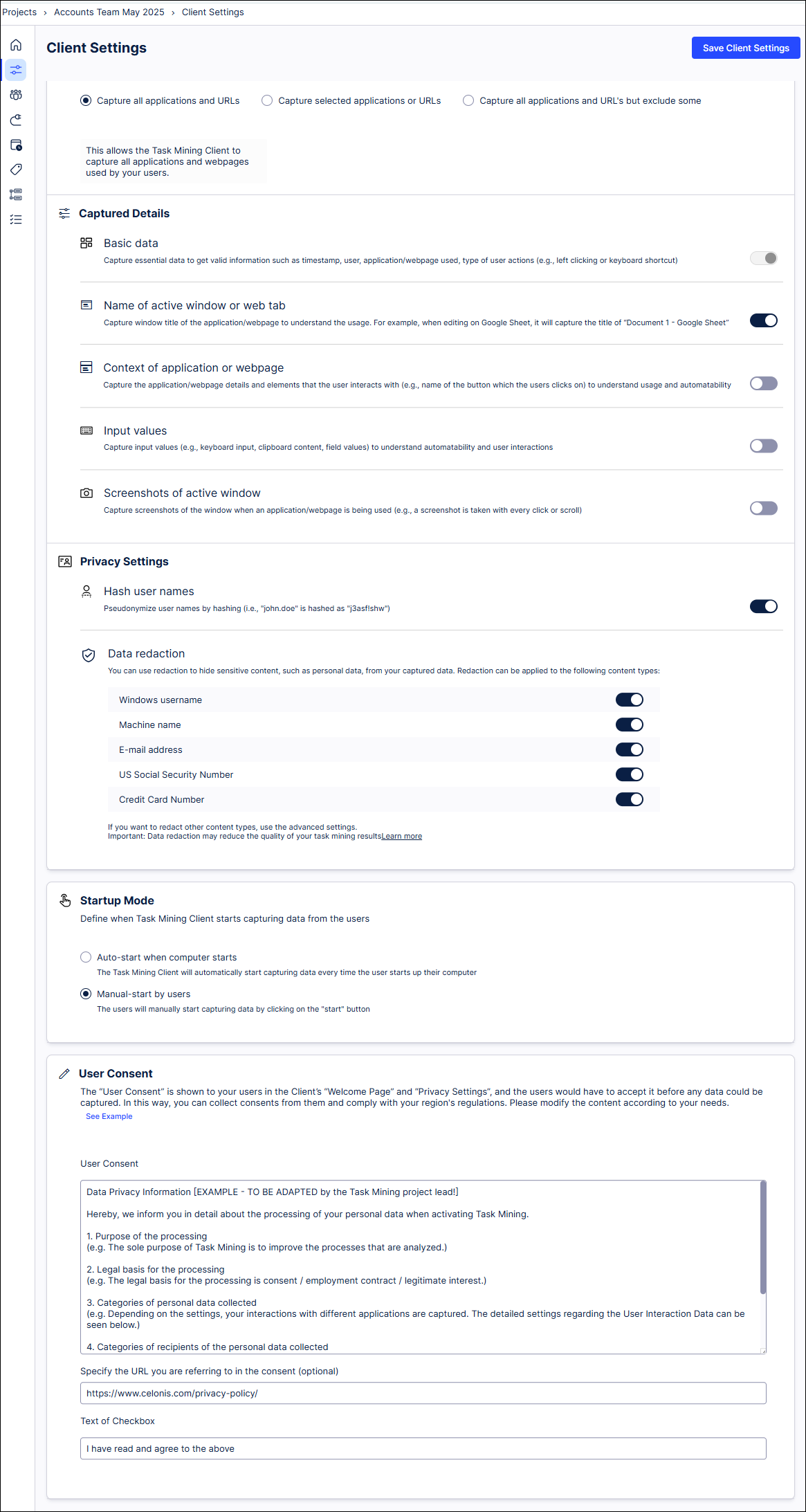 Image of the Client Settings form showing all its fields and values