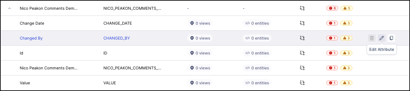 Screenshot of the Records screen showing the location of the Edit Attribute icon used to repair attribute issues.