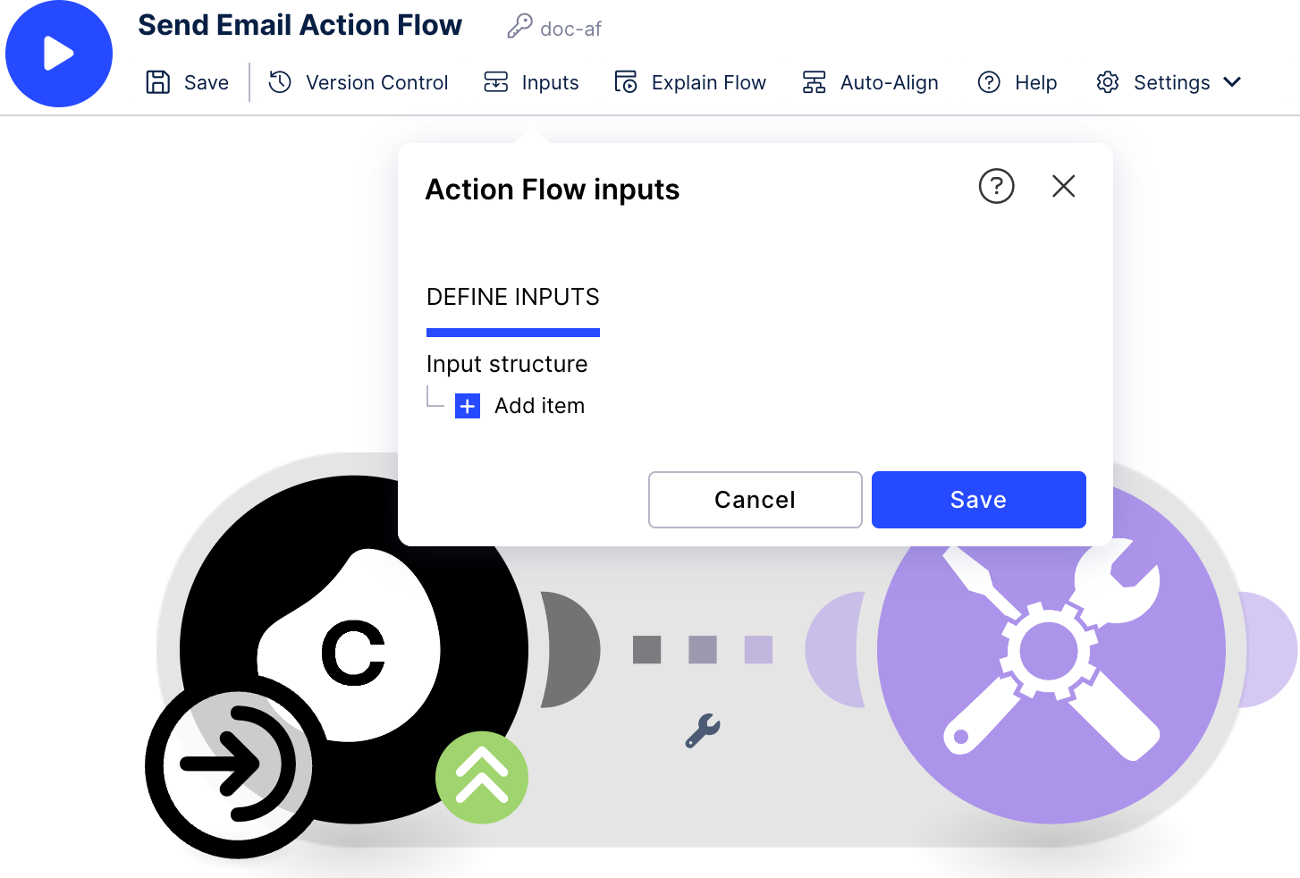 The location on the inputs icon on the Action Flow editor toolbar.
