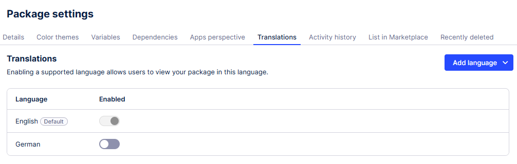 The Package settings screen with no translations displayed