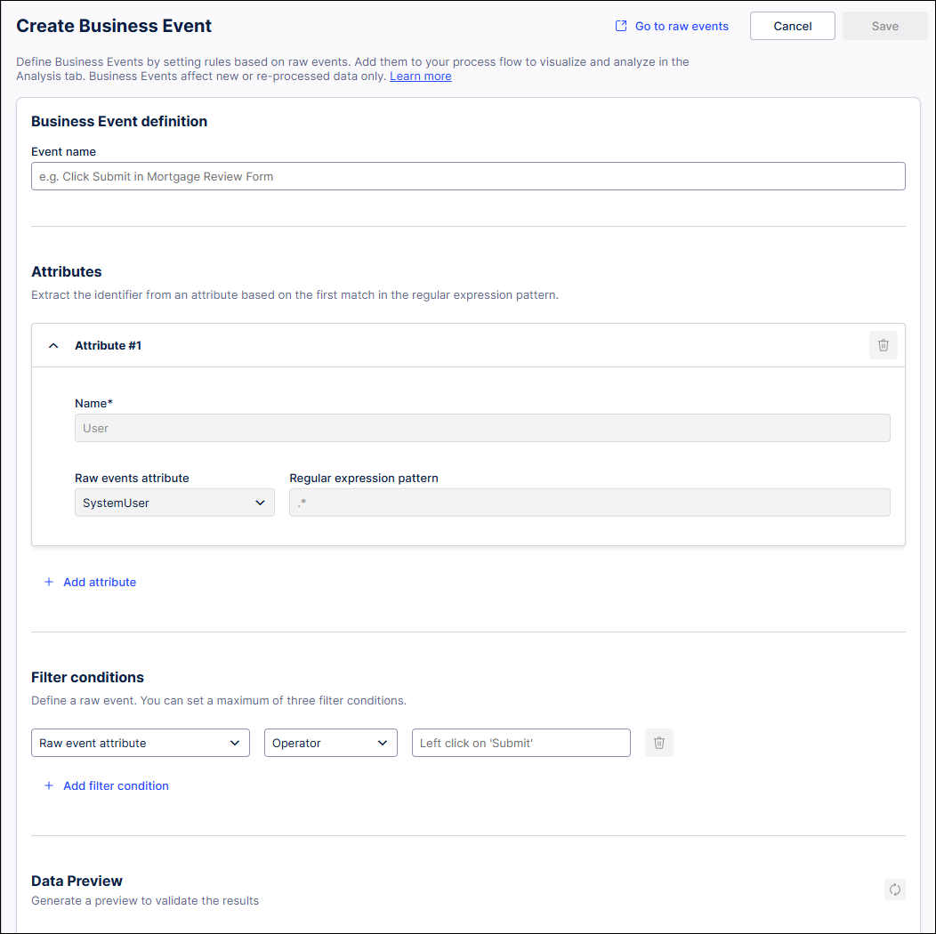 Blank Create Business Events screen