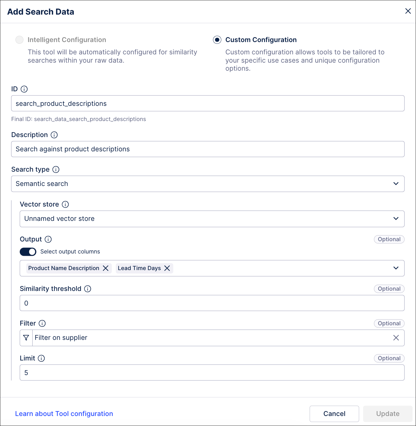 Screenshot showing the configuration for the search_data tool in Process Copilots.