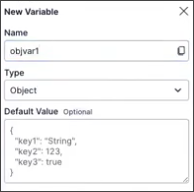 Screenshot showing the New Variable modal with the fields completed for a variable named objvar1.