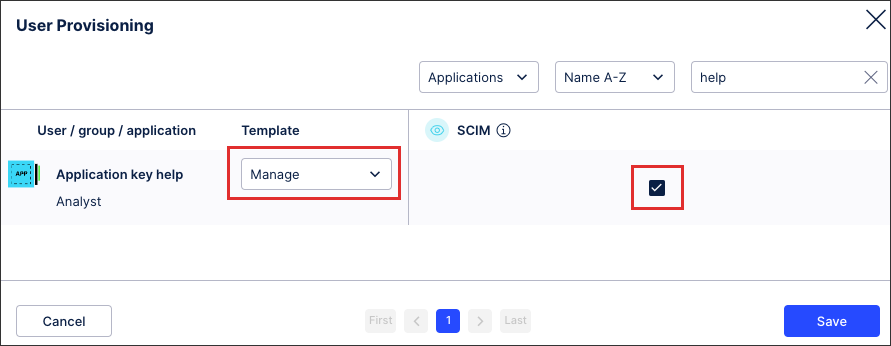 A screenshot showing how to find the permission template dropdown and then how to enable SCIM permissions.