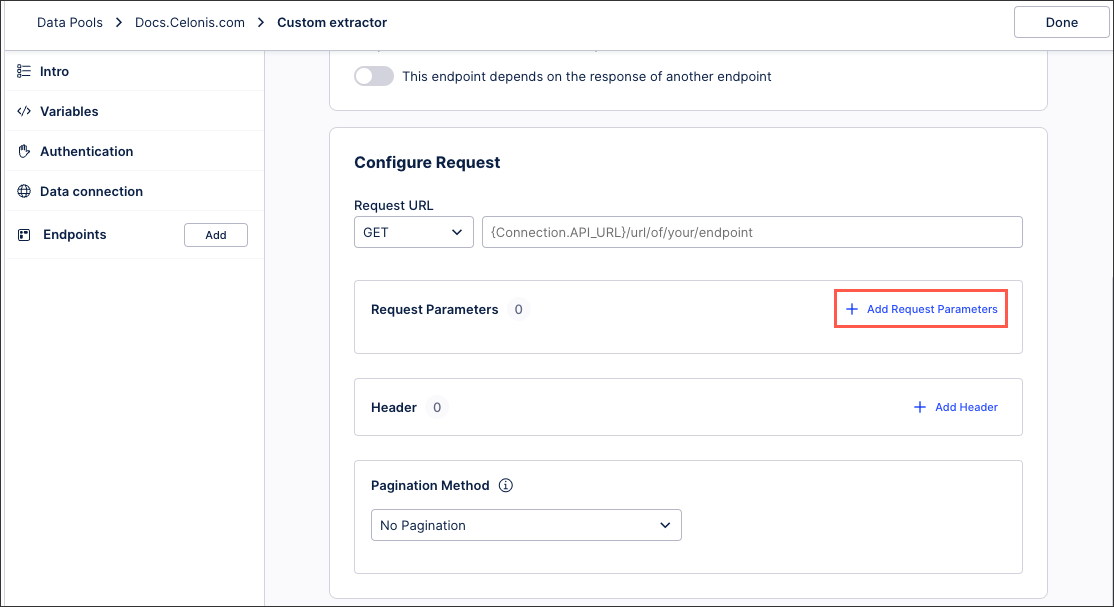A screenshot showing how to add request parameters.
