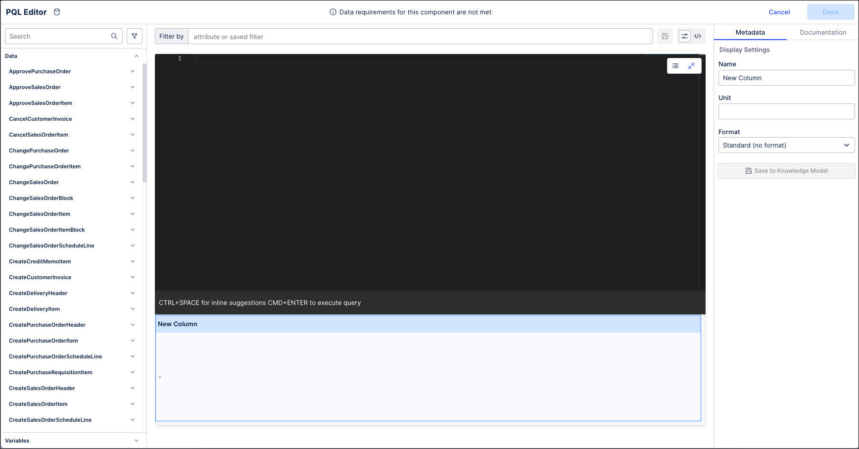 Screenshot of the PQL Editor used to create custom KPIs using PQL statements.