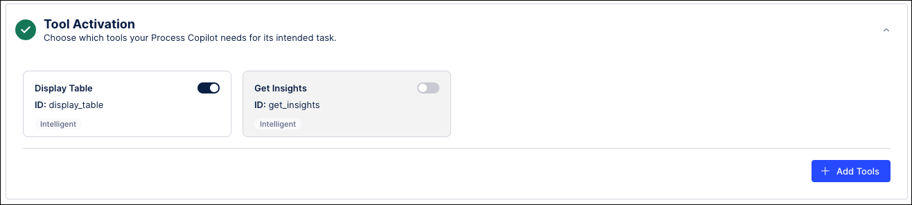 Screenshot showing the tools that have been added to the configuration for a Process Copilot.