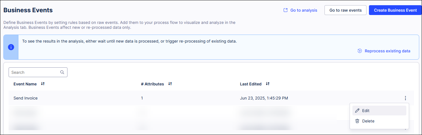 Business Events screen displaying the edit and delete options that display when the More button is selected