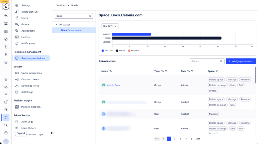 A screenshot of how you can manage service level permissions in the Celonis Platform.