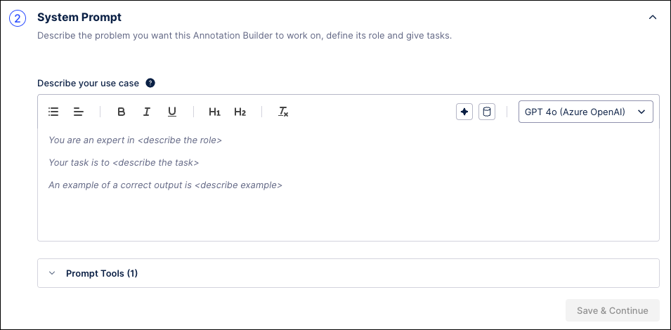 Screenshot showing the initial state of the System Prompt step of the Annotation Builder configuration.