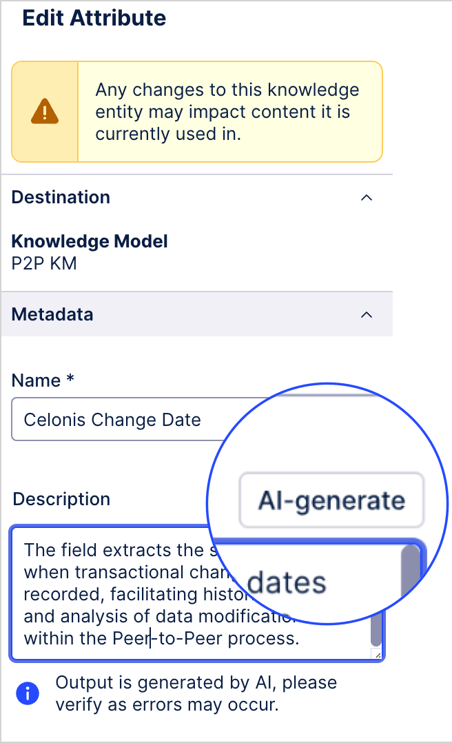 PQL editor with the edit attribute section open and autogenerate description button highlighted.