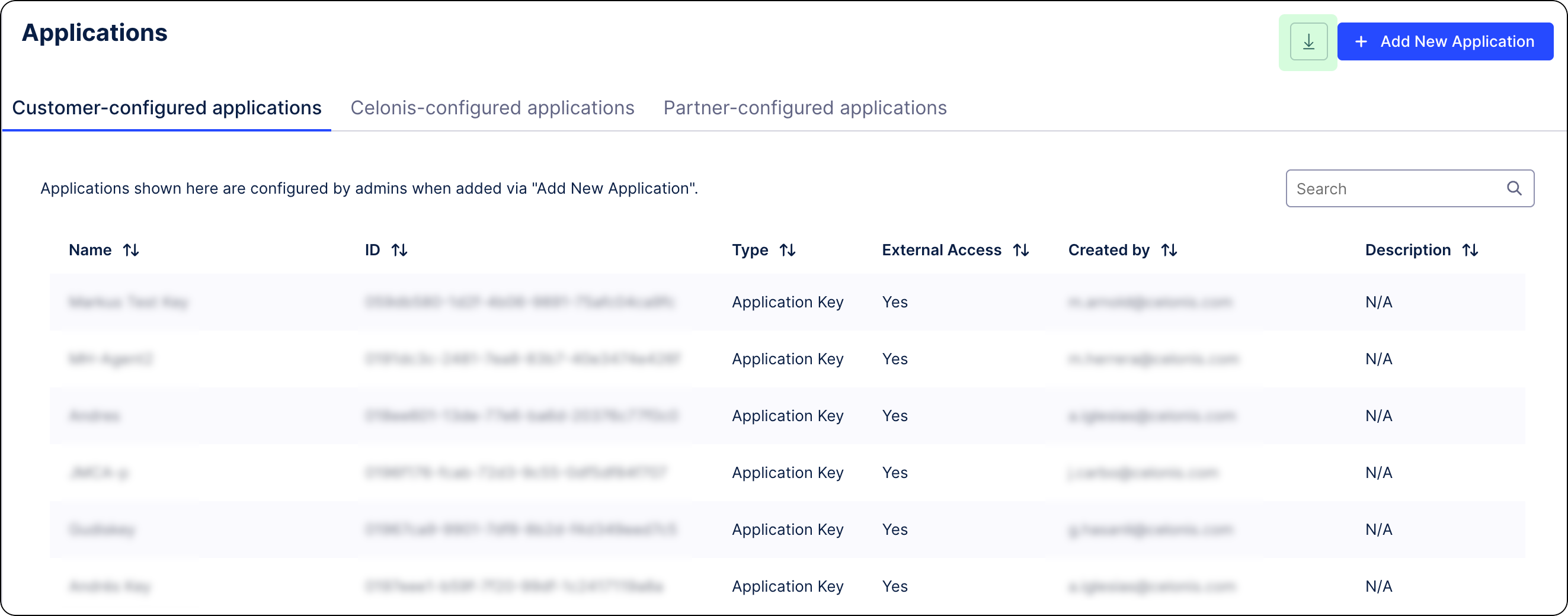 The applications overview screen with the download CSV report button highlighted.