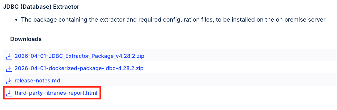 A screenshot showing the latest downloads of the JDBC third-party libraries report in the download portal.