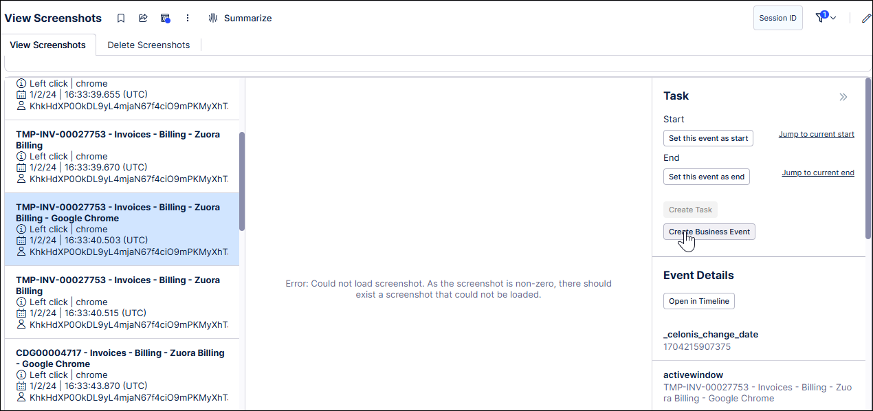 Example View Events screen, with a raw event selected and displaying a Create Business Event button for that raw event