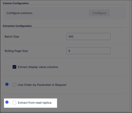 A screenshot showing how to enable the extraction from read replica of ServiceNow.