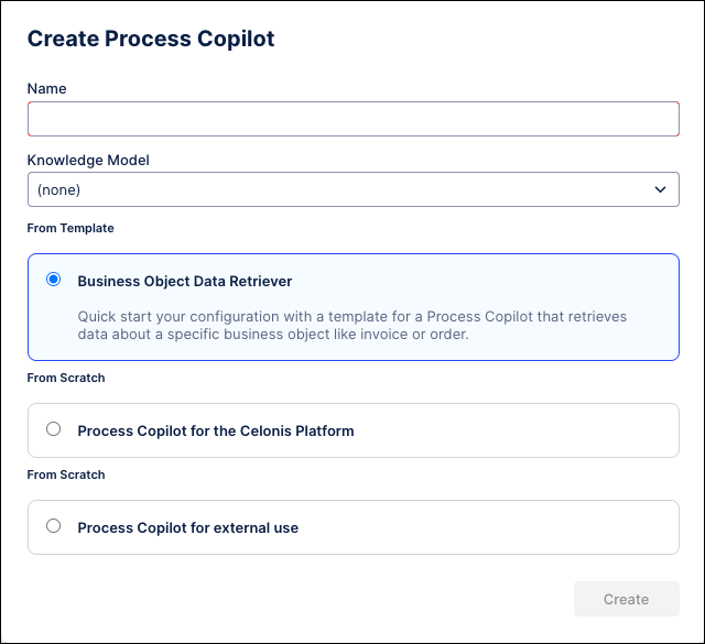 Screenshot showing the default Create Process Copilot window.