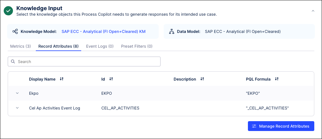 Screenshot showing the Knowledge Input section with record attributes assigned.