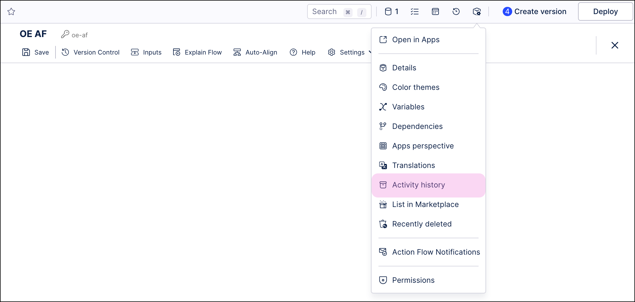Dropdown list with package settings with the Activity history option highlighted.