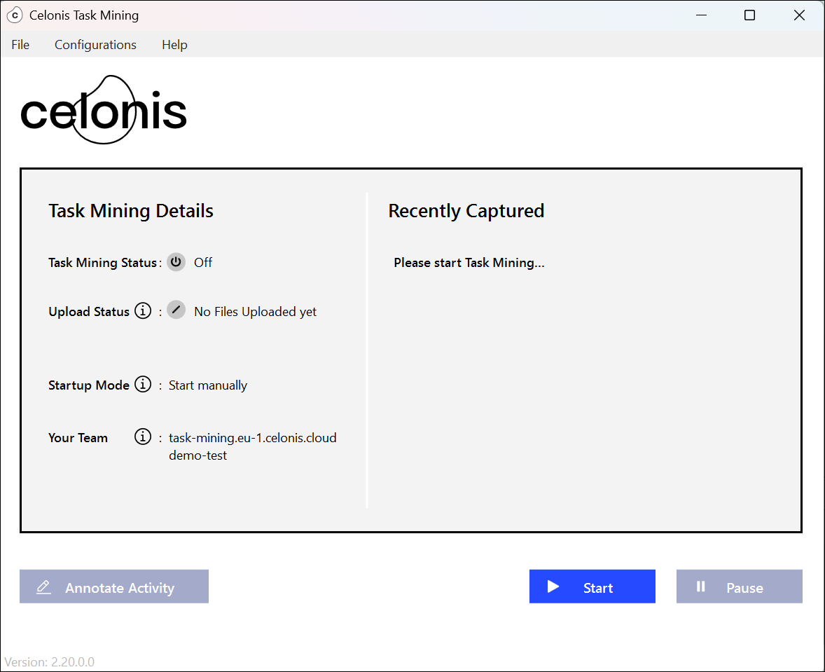 The Task Mining Client software user interface.
