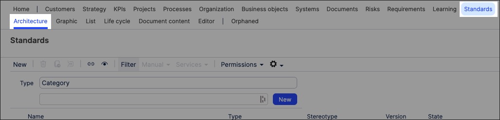A screenshot showing how to create standards objects in process designer.