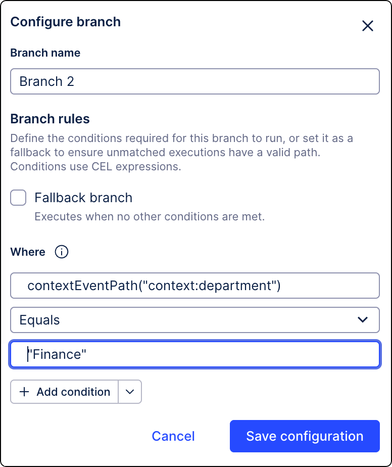 Condition builder for branches in Process Orchestration.