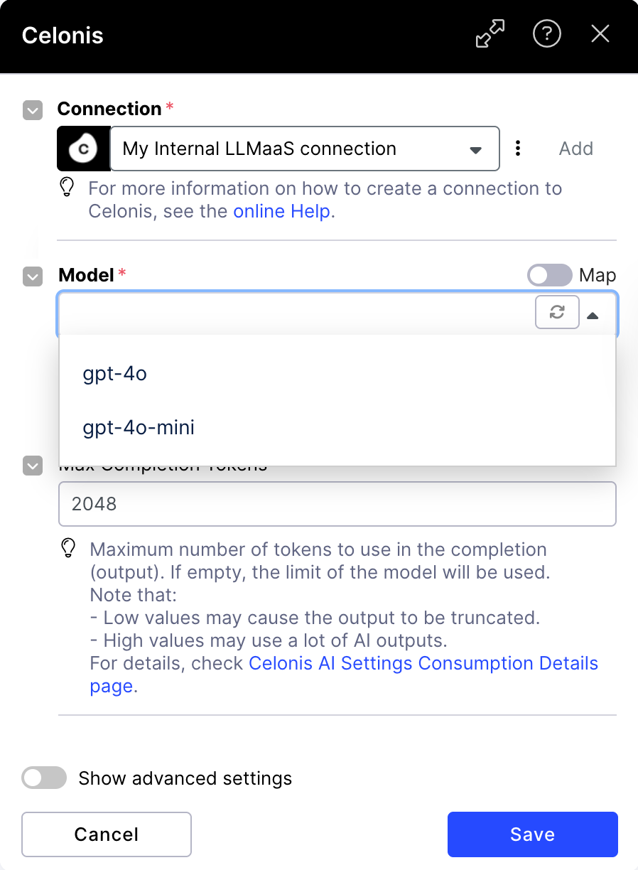 AI model settings for the Celonis AI Prompt module.