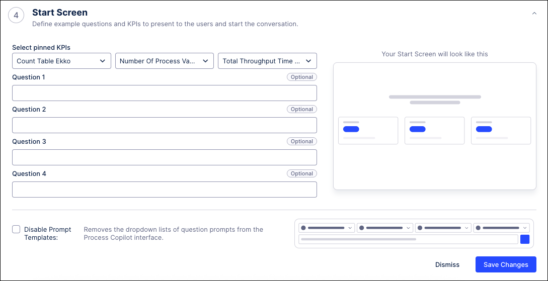 Screenshot of the Start Screen section showing the pinned KPIs selected.