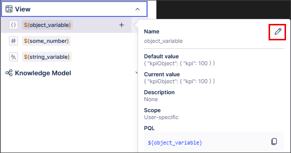 Screenshot showing the new edit button for a variable within the metadata popover