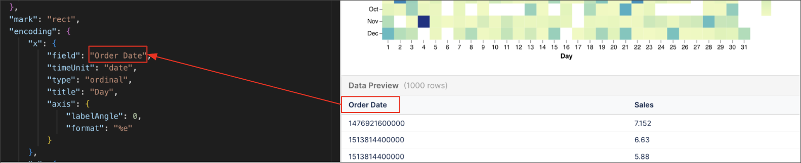 A screenshot showing the data field preview and the JSON specification.