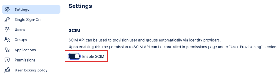 A screenshot of where to enable SCIM in admin & settings.