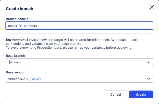 Screenshot showing the Create branch screen.