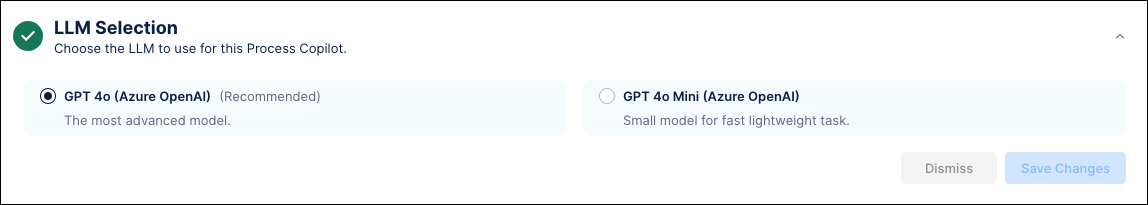 Screenshot showing only the LLM Selection section of the Configure your Process Copilot screen.