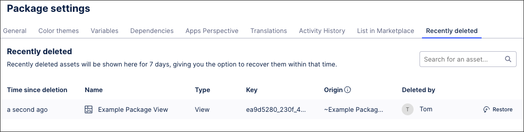 A screenshot showing the recently deleted area within the package settings.