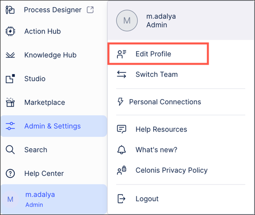 User profile menu in the Celonis Platform with the "Edit Profile" option highlighted.