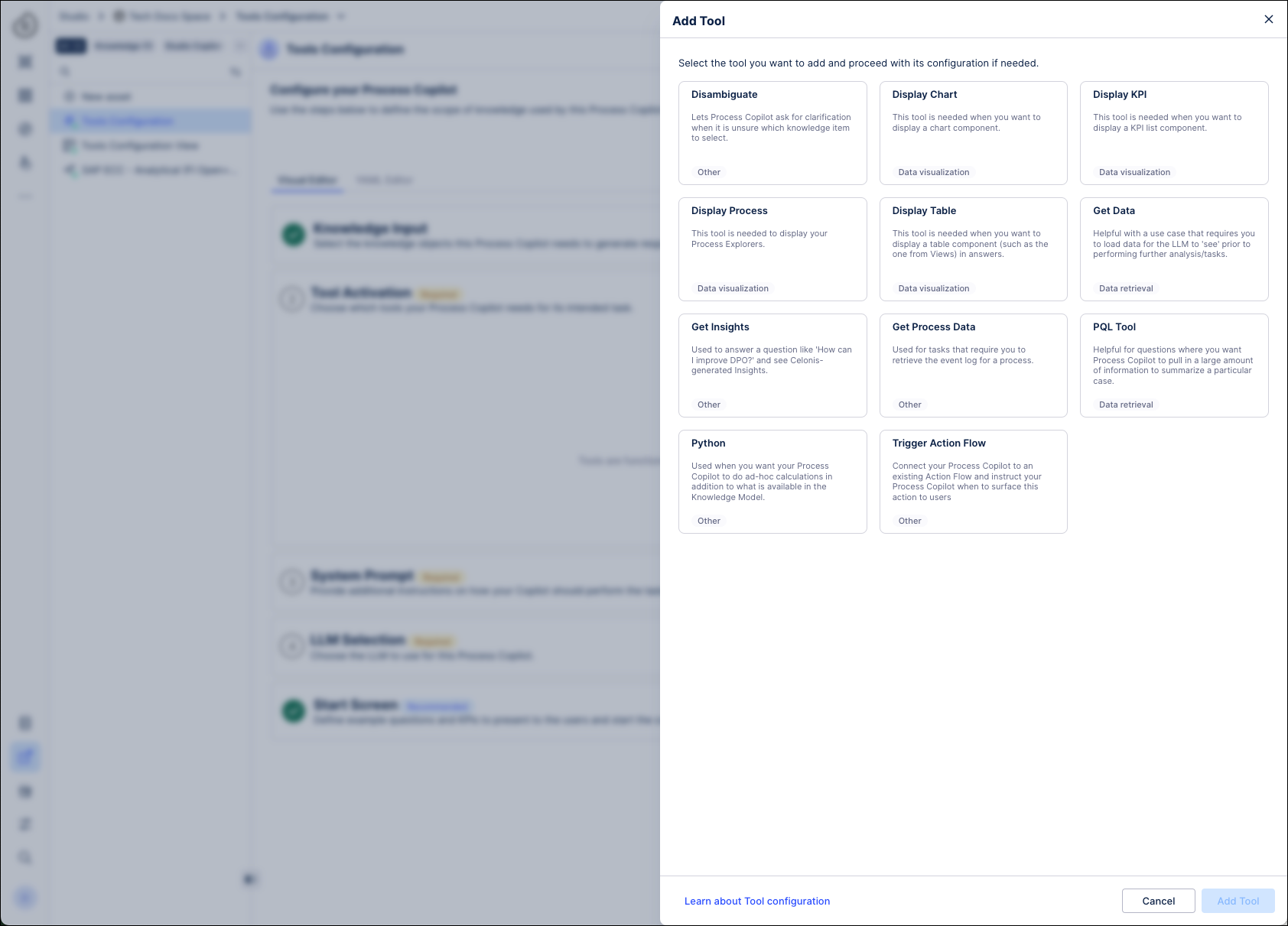 Screenshot showing the Add Tool screen with the available tools that can be used within a Process Copilot.