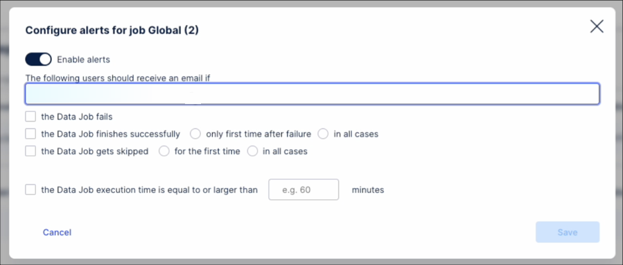 A screenshot showing how to configure data job alerts.