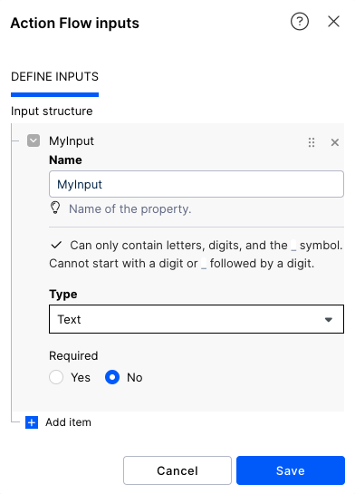 Action Flow input menu