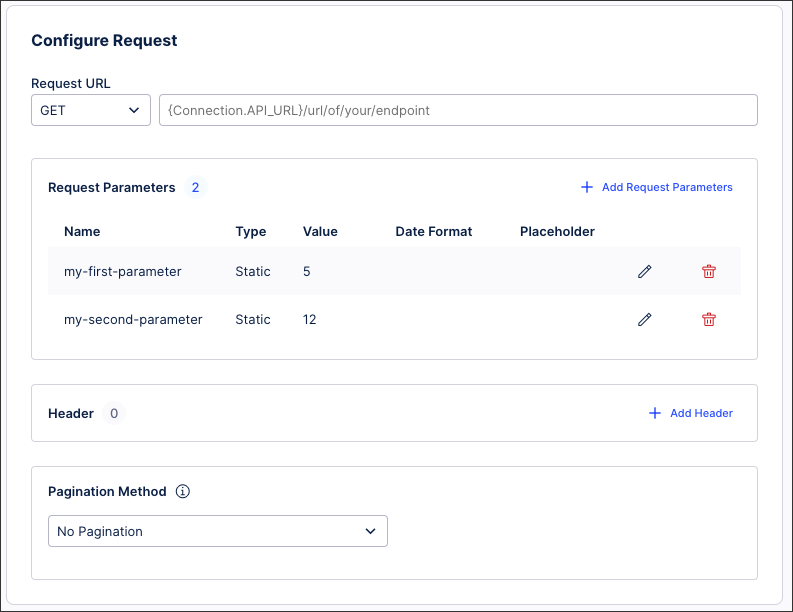 A screenshot showing an example of a configured request parameter.