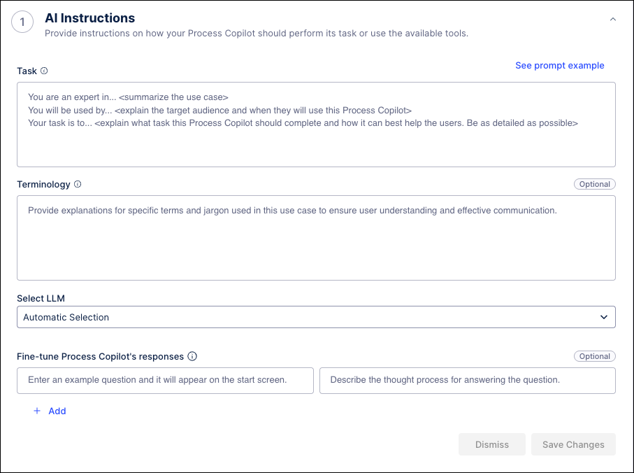 Screenshot showing the Process Copilot configuration with the AI instructions section expanded.