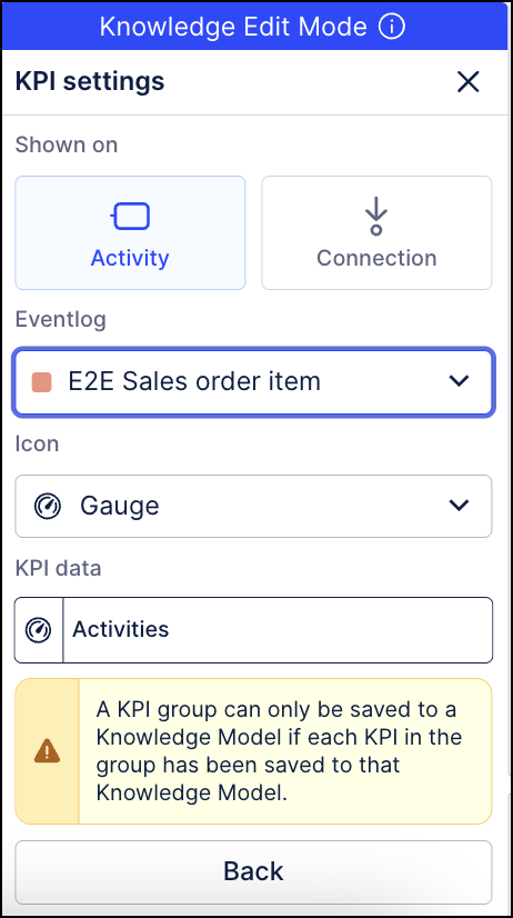 Screenshot of the error message that displays on the KPI settings screen when the KPI group contains a KPI that has not been saved to the Knowledge Model.
